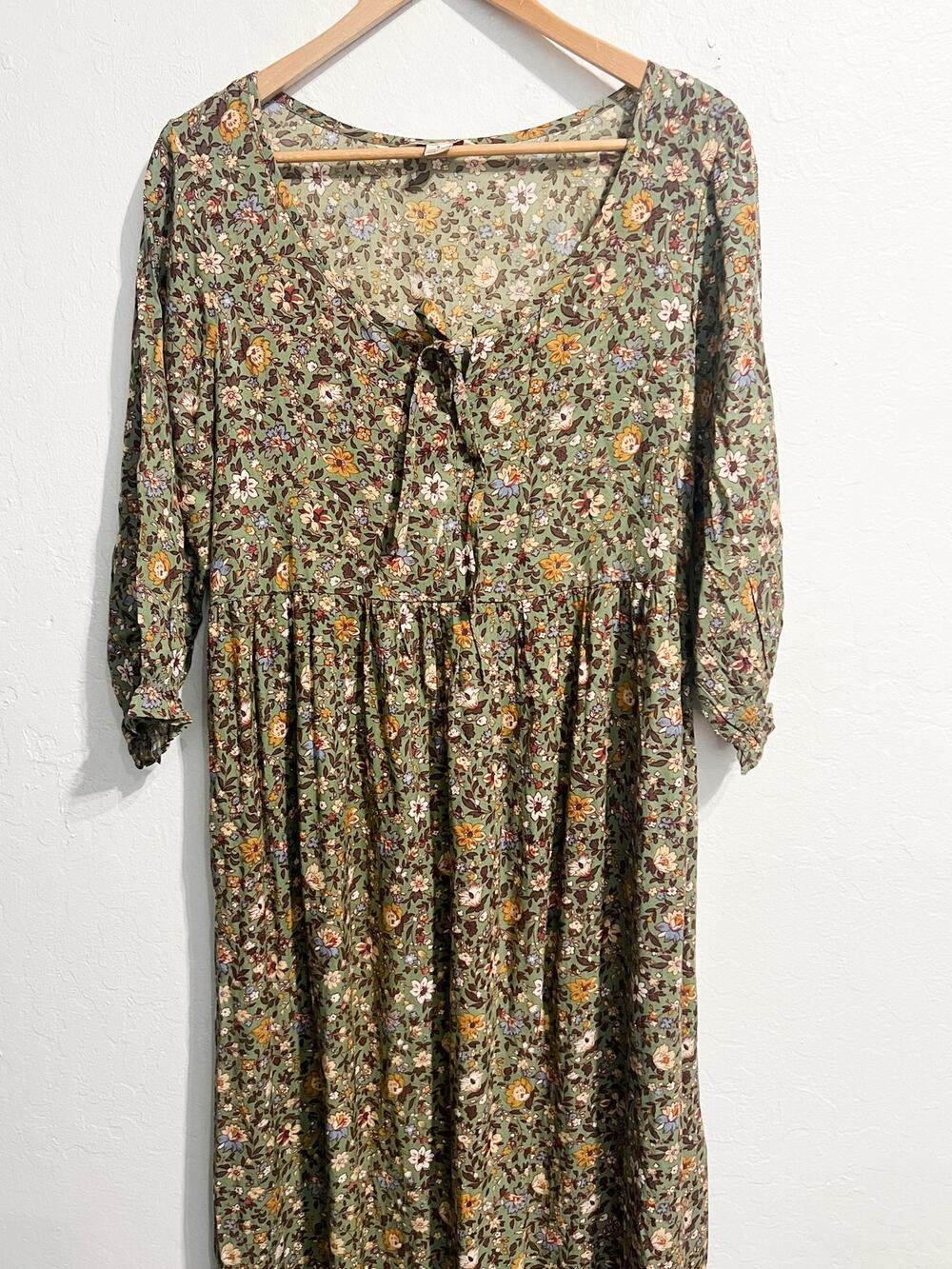 April Cornell Dress Small Green Floral 3/4 Sleeve Maxi Prairie Boho Cottage
